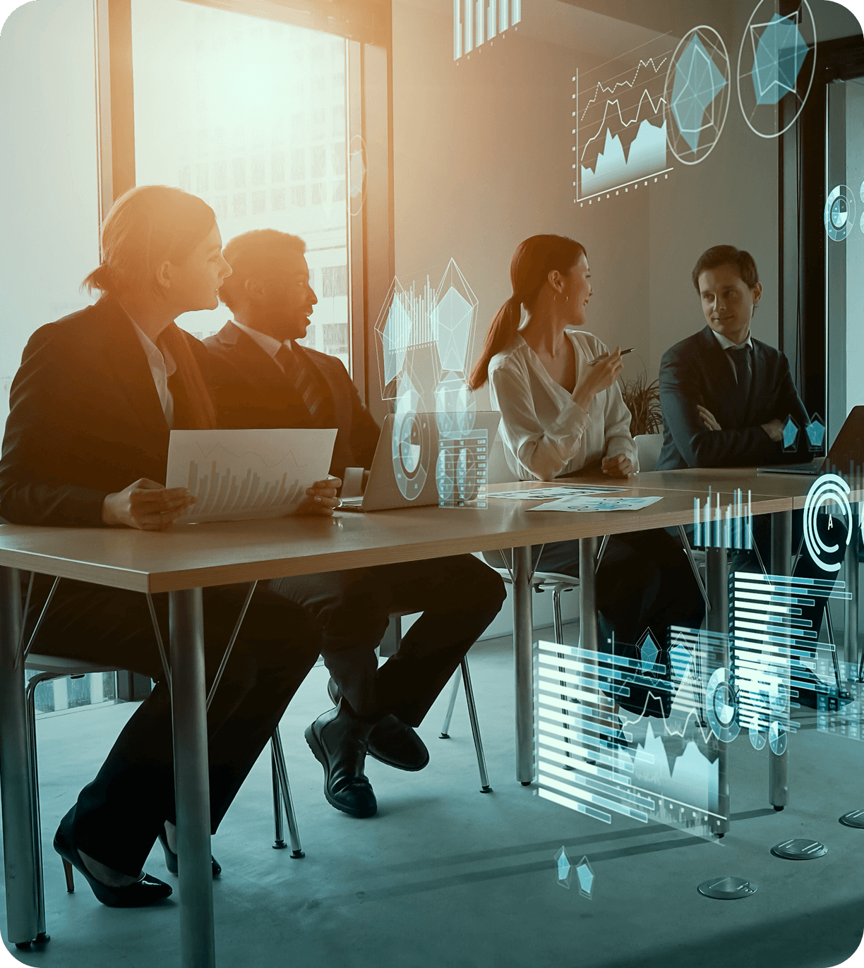 Business meeting with digital data overlays.